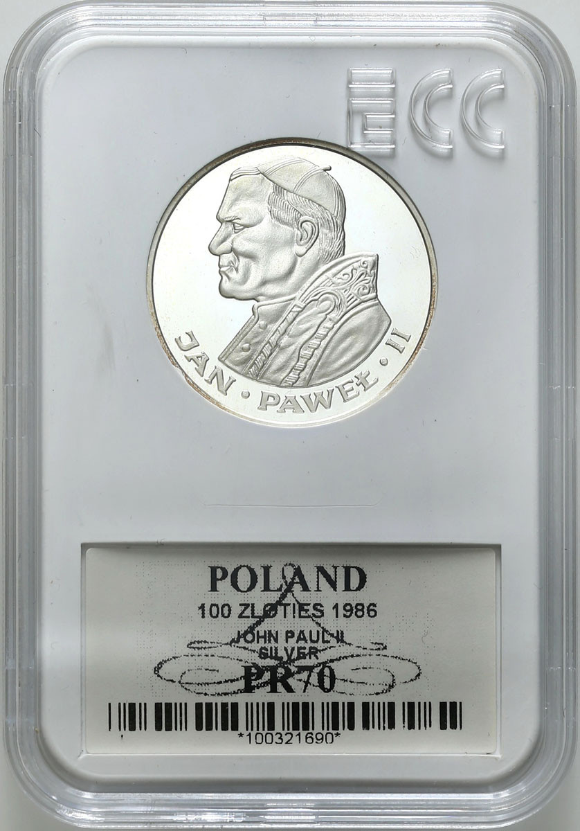 PRL. 100 złotych 1986 Jan Paweł II, STEMPEL LUSTRZANY GCN PR70 - RZADKIE